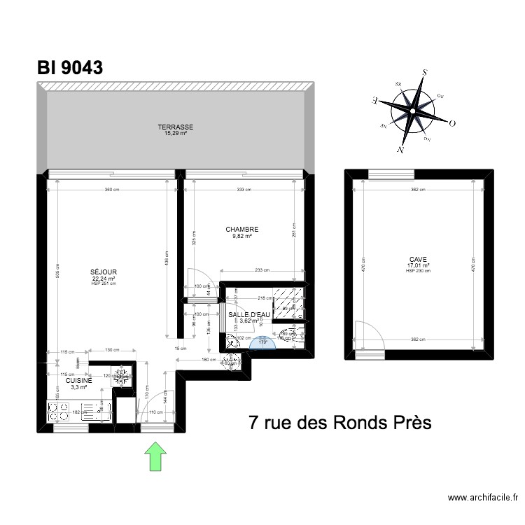 BI 9043. Plan de 7 pièces et 72 m2