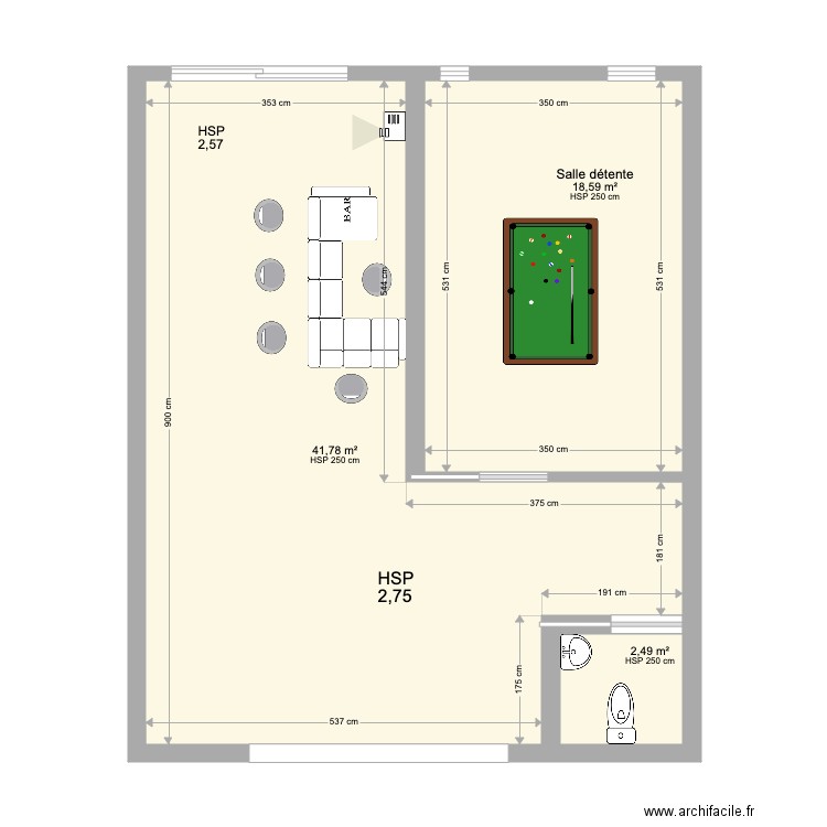 Pièce bar / détente RP. Plan de 3 pièces et 63 m2