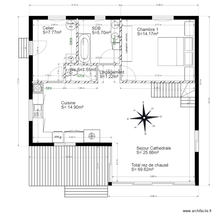 chalet 50 Reconstruit. Plan de 4 pièces et 71 m2