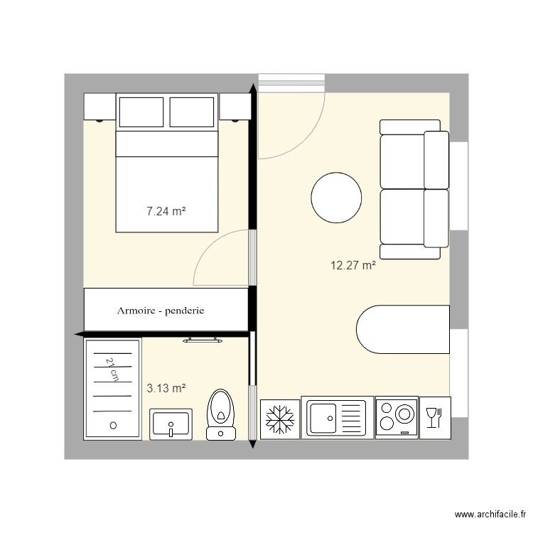 studio. Plan de 3 pièces et 23 m2