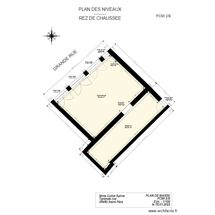 7pcmi 2B RDC. Plan de 2 pièces et 102 m2