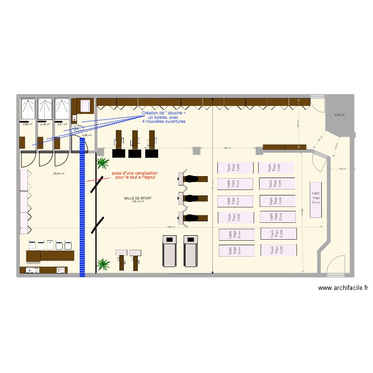 SALLE DE SPORT descriptif travaux. Plan de 7 pièces et 177 m2