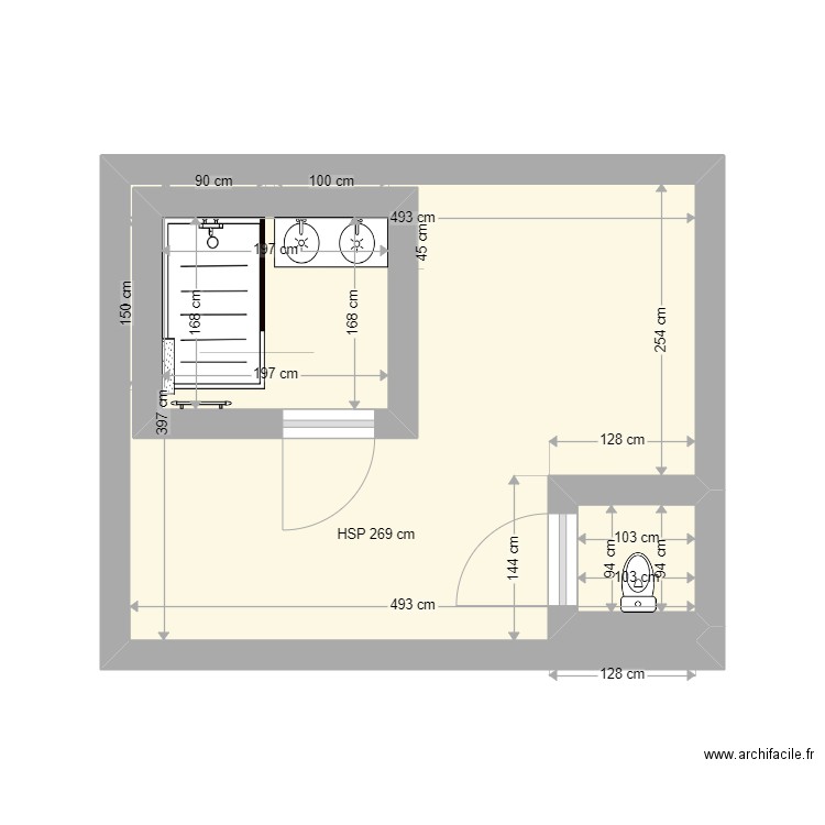 SDB / WC ISABELLE. Plan de 3 pièces et 22 m2