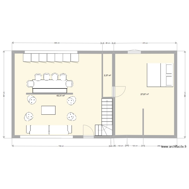 Chai. Plan de 3 pièces et 73 m2