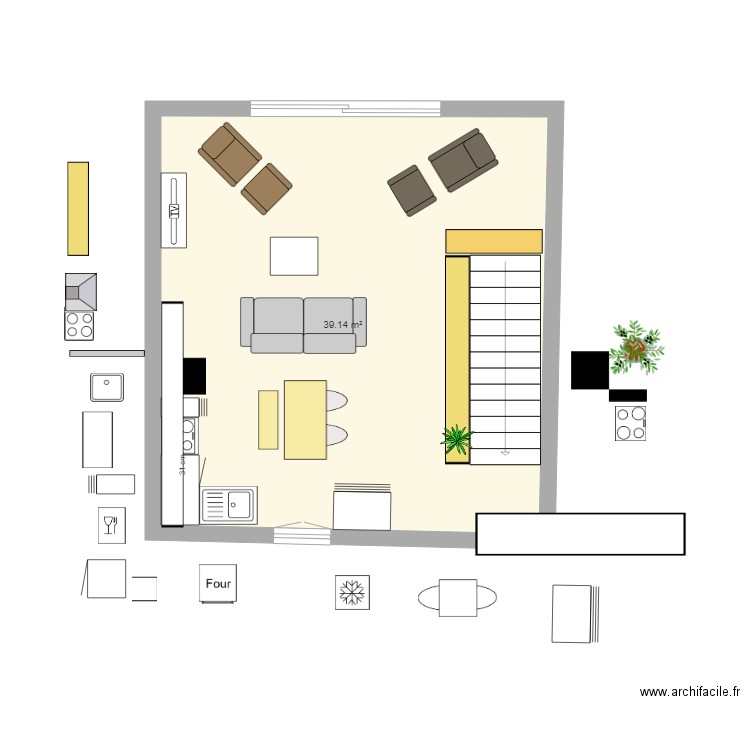 Grrr cuisine 2023 - 22 cuisine ouverte. Plan de 1 pièce et 39 m2