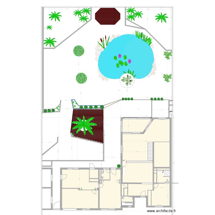 Plan masse implantation jardin avec terrasse bois. Plan de 26 pièces et 1160 m2