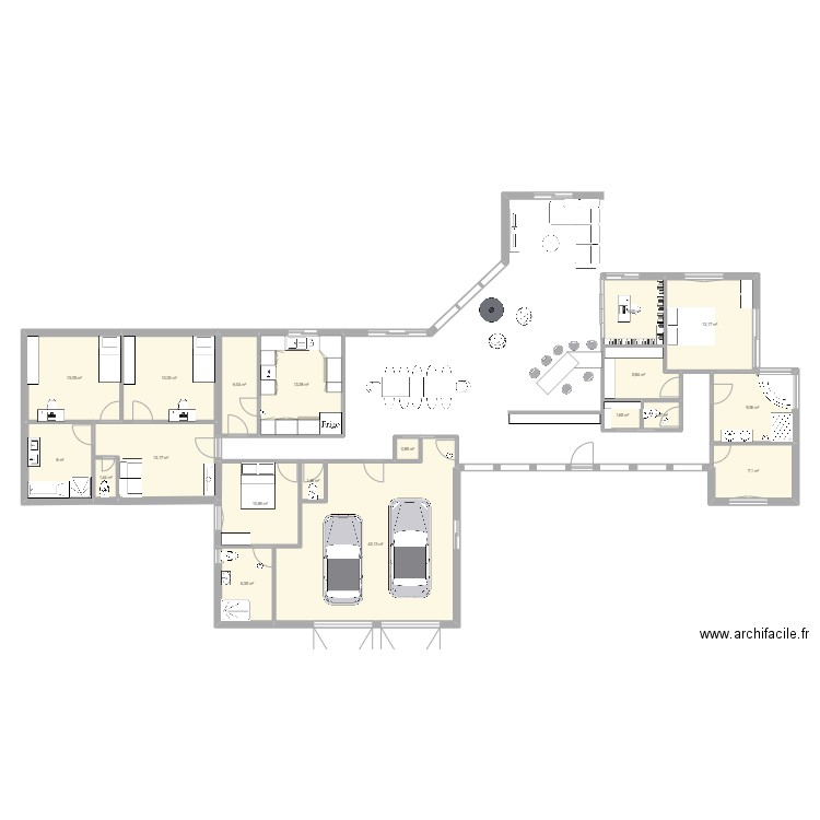 CHALET L PLEIN PIED. Plan de 19 pièces et 176 m2