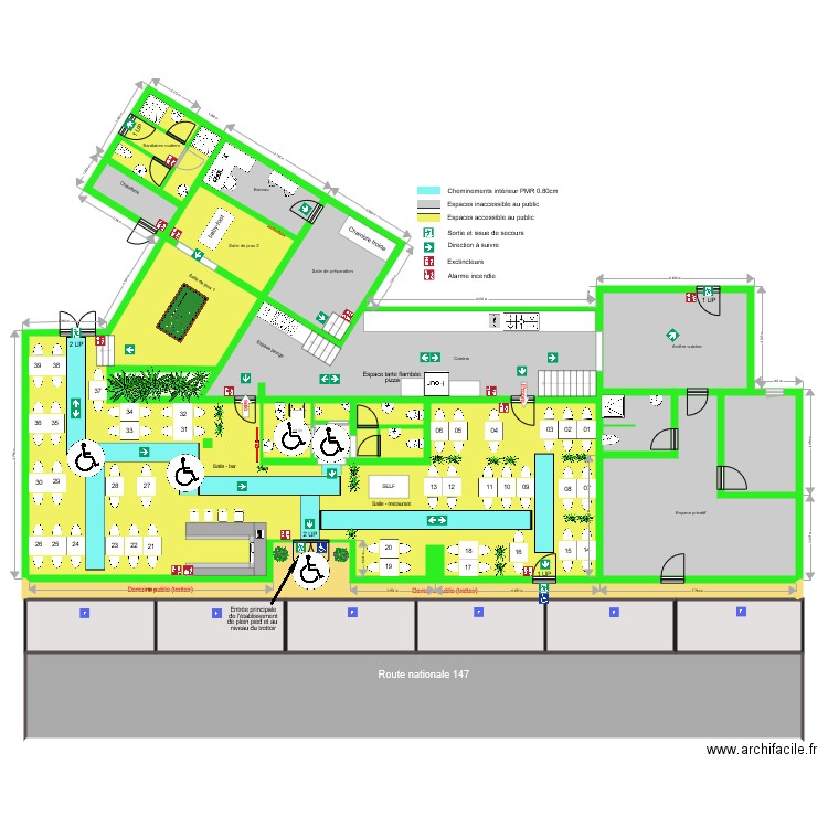 Plan restaurant avec route PMR. Plan de 0 pièce et 0 m2