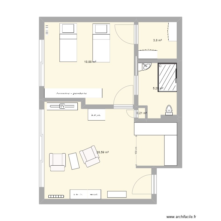 séparation sas. Plan de 5 pièces et 57 m2