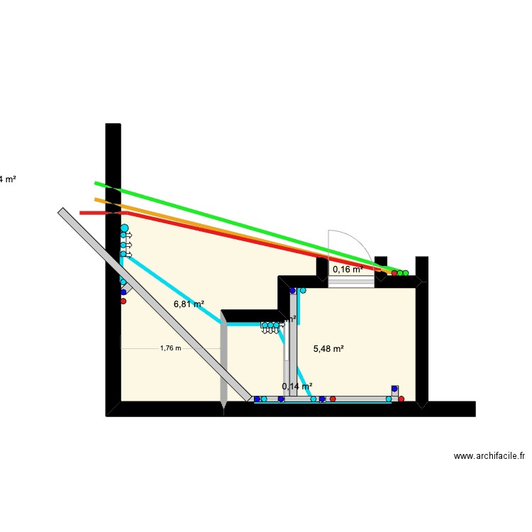 Plomberie. Plan de 6 pièces et 13 m2