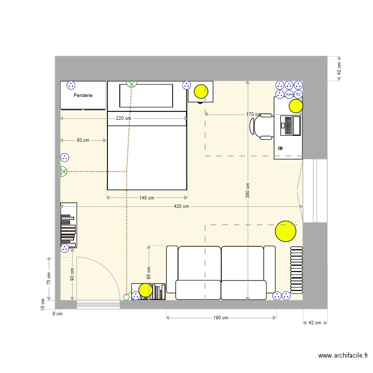 Chambre R2 droite avec lit 140. Plan de 0 pièce et 0 m2