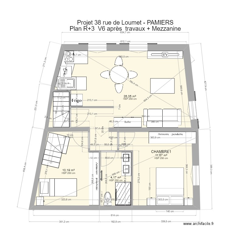 PAMIERS3 R+3 V6 après travaux + mezzanine. Plan de 6 pièces et 64 m2