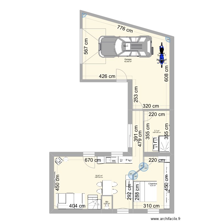 Extension/Garage. Plan de 5 pièces et 98 m2