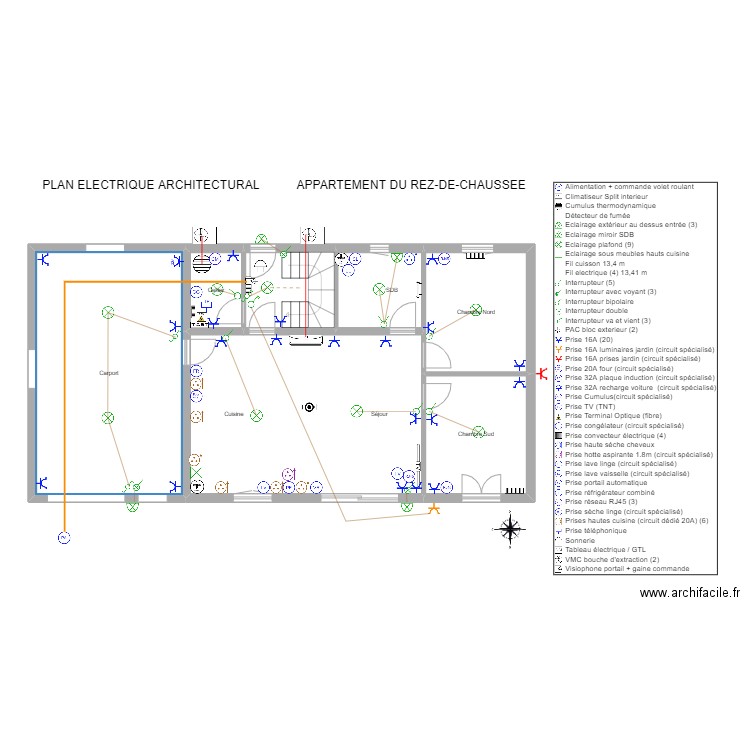 Plan Electrique RDC. Plan de 8 pièces et 119 m2