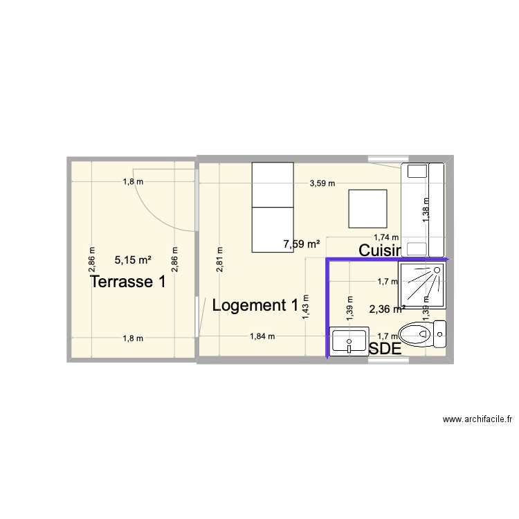 logement 1 aménagement V3. Plan de 3 pièces et 15 m2