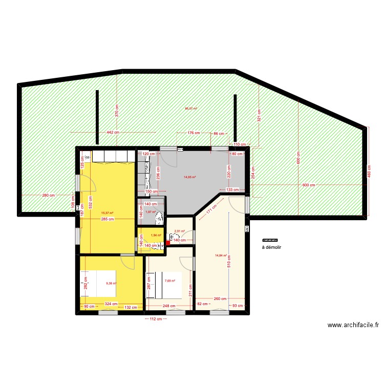 1er étage gîtes état initial. Plan de 9 pièces et 150 m2