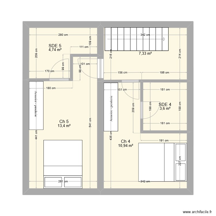 R+1 2 suites V1. Plan de 5 pièces et 40 m2