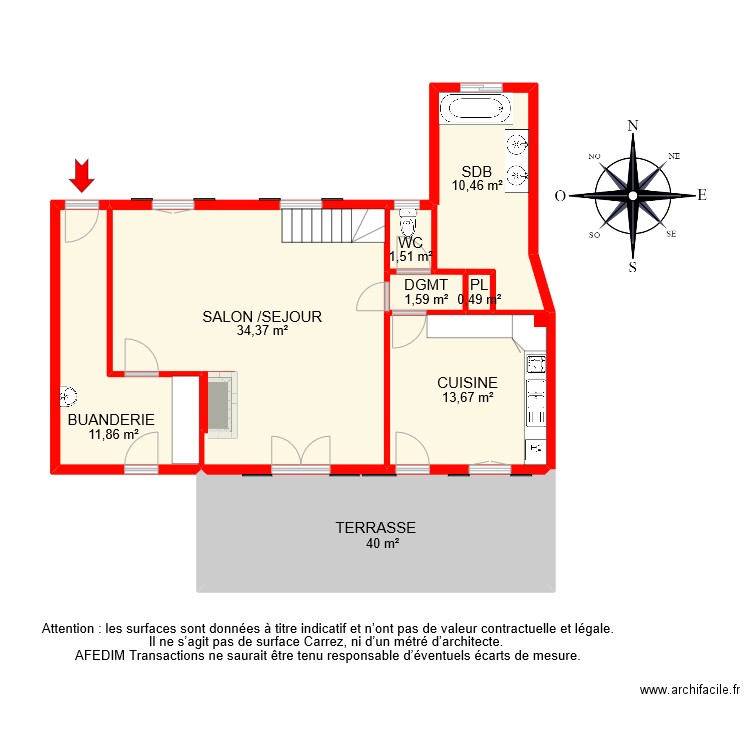 BI 9228 RDC . Plan de 9 pièces et 96 m2