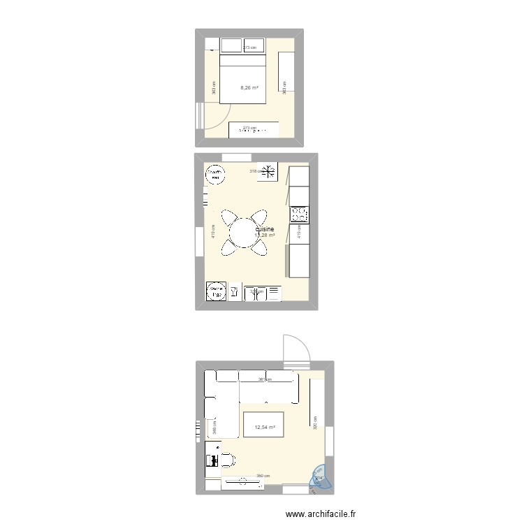 chambre. Plan de 3 pièces et 34 m2