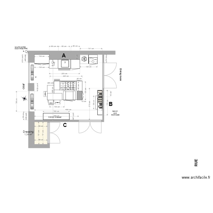 Cuisine aménagée. Plan de 1 pièce et 1 m2