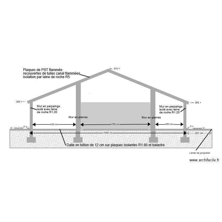 plan de coupe du projet face Sud. Plan de 2 pièces et 51 m2