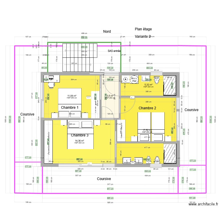 Etage surface 54m2 habitableVariante C V2. Plan de 5 pièces et 52 m2