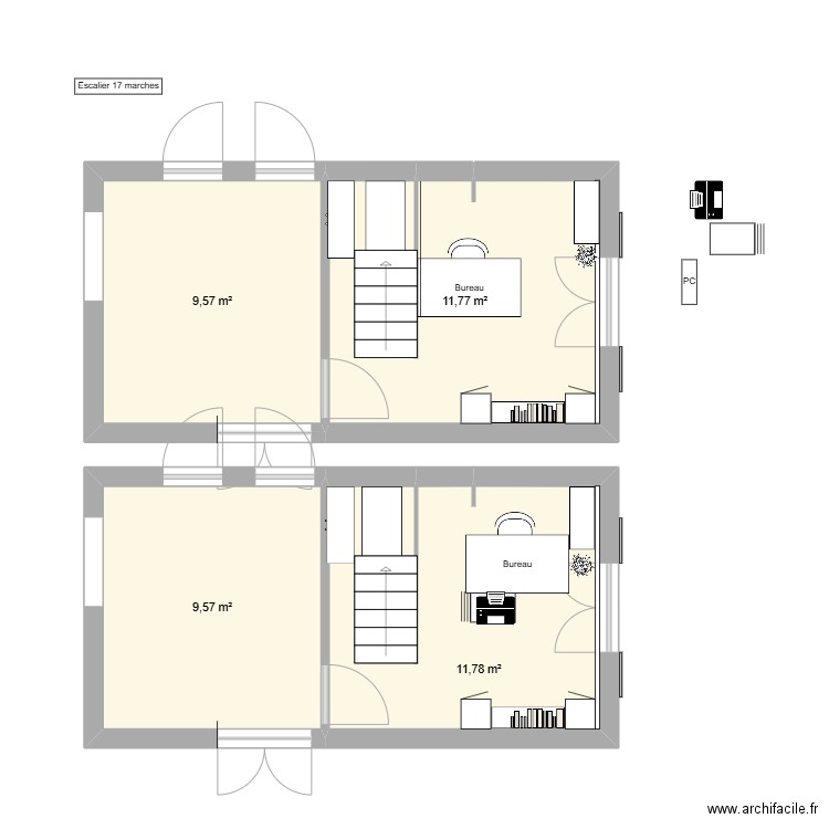 Bureau maison 231011. Plan de 4 pièces et 43 m2