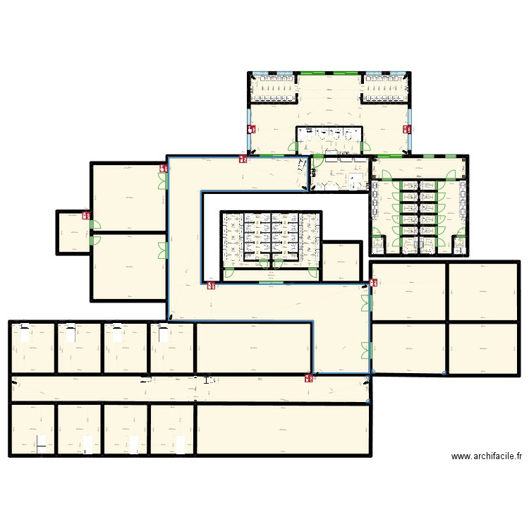 Hopital. Plan de 45 pièces et 1171 m2