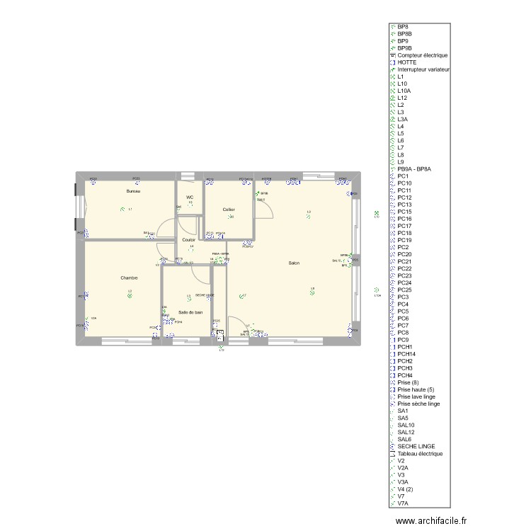 plan electricité INTERUP+PC. Plan de 9 pièces et 77 m2