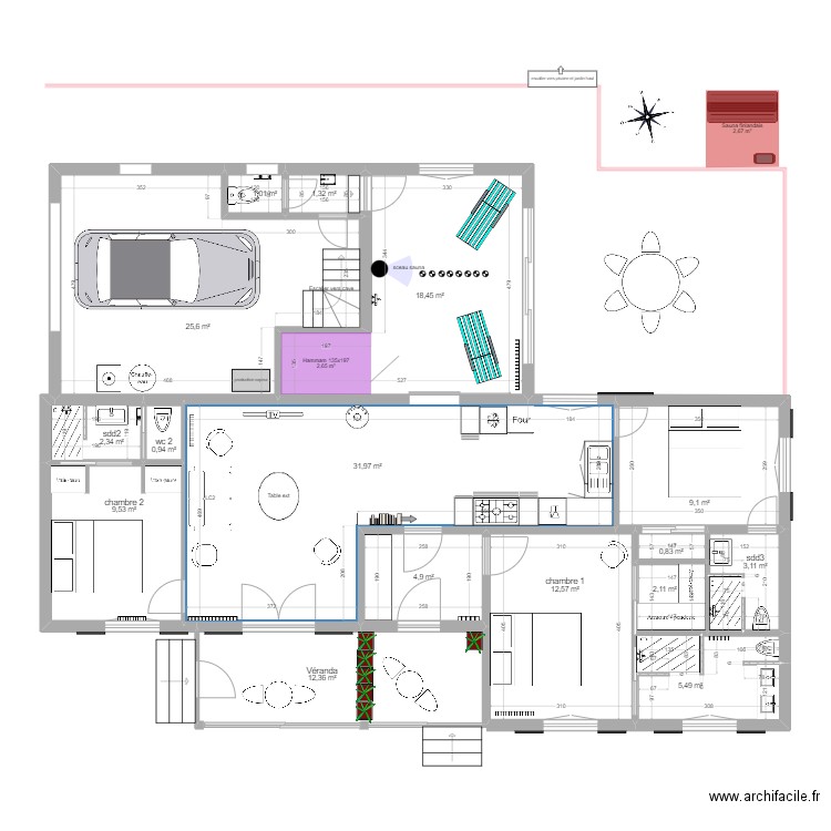 projet 5M + Allemagne. Plan de 16 pièces et 142 m2