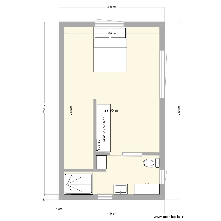 RDC tan Rouge plomberie. Plan de 1 pièce et 28 m2