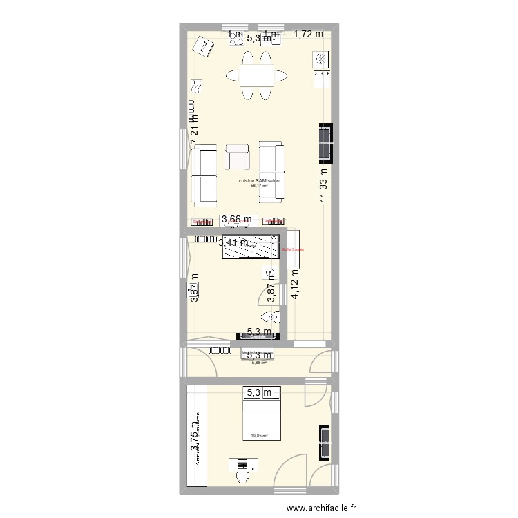 11 11 25. Plan de 3 pièces et 84 m2