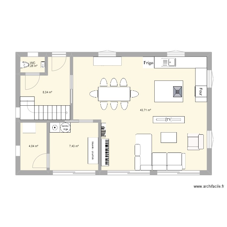 rez de chaussée. Plan de 5 pièces et 65 m2