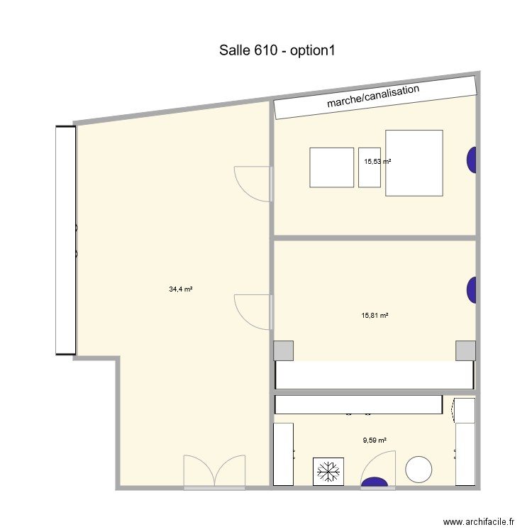 Salle 610 option1. Plan de 4 pièces et 75 m2