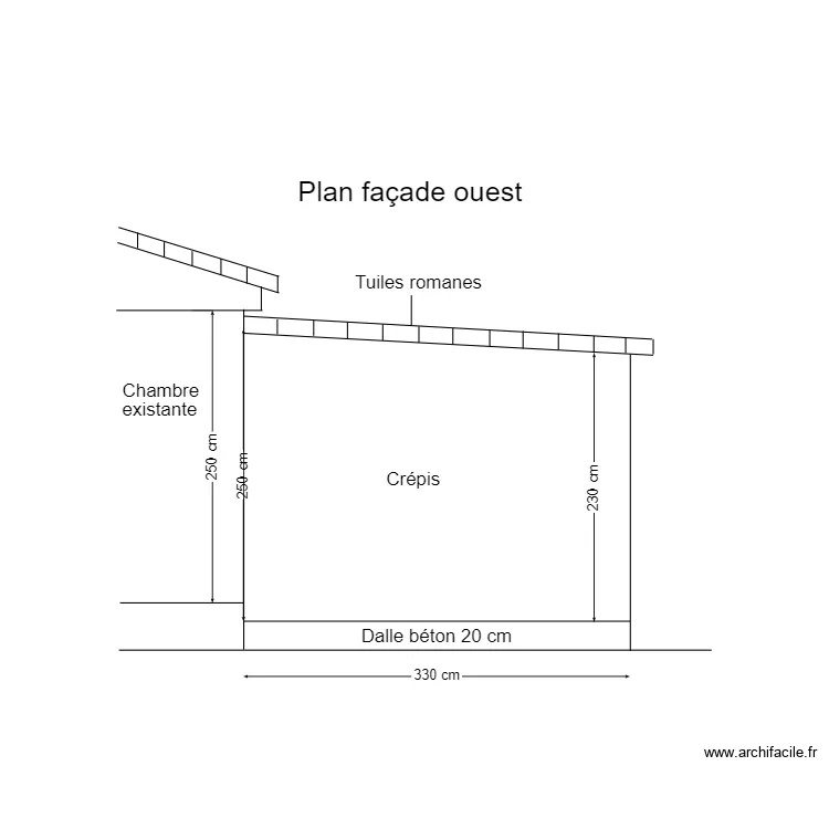 Plan fa&ccedil;ade ouest chambre. Plan de 