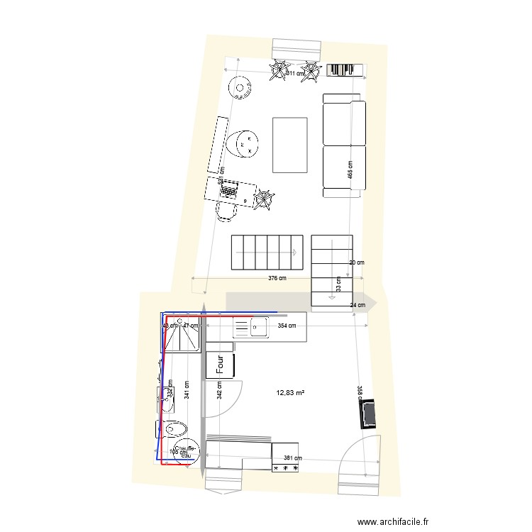 cuisine sdb. Plan de 3 pièces et 33 m2