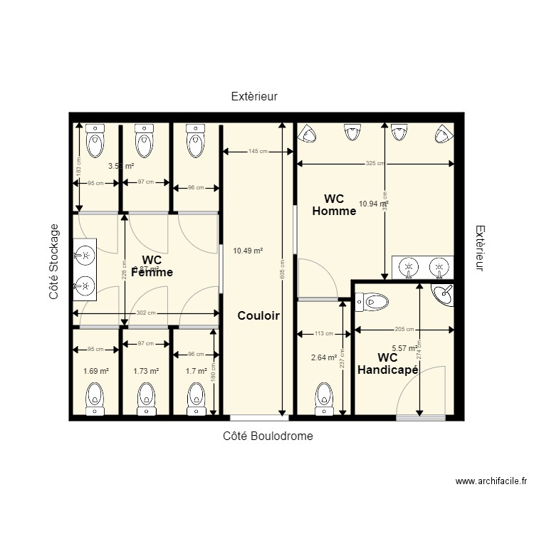 Plan coupe WC boulodrome 12 terrains. Plan de 0 pièce et 0 m2