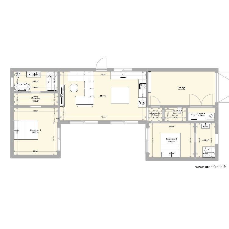 Maison 2 chambres + sdb + garage. Plan de 10 pièces et 89 m2