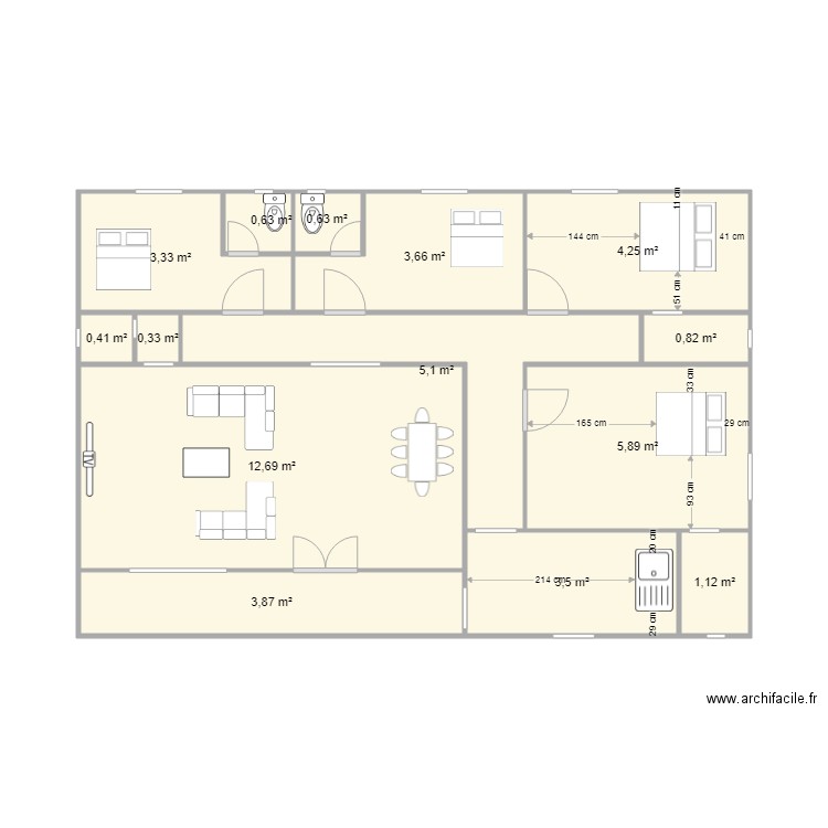 fane2. Plan de 14 pièces et 46 m2