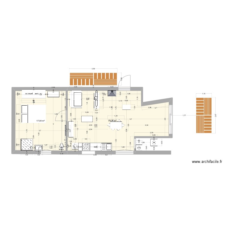 RDC APPART. Plan de 2 pièces et 46 m2