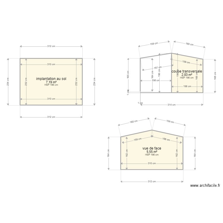 abri de jardin. Plan de 3 pièces et 16 m2