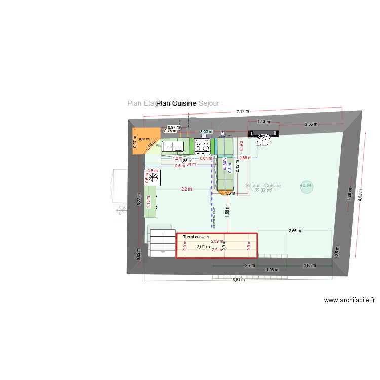 etage 1. Plan de 3 pièces et 36 m2