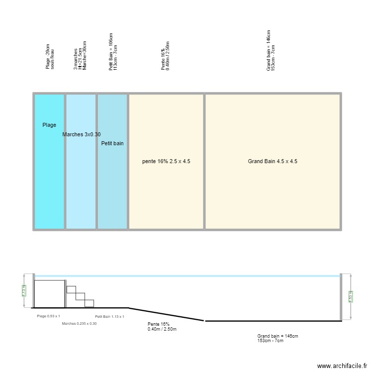 Visuel des volumes PISCINE Vert & Bleu. Plan de 5 pièces et 45 m2