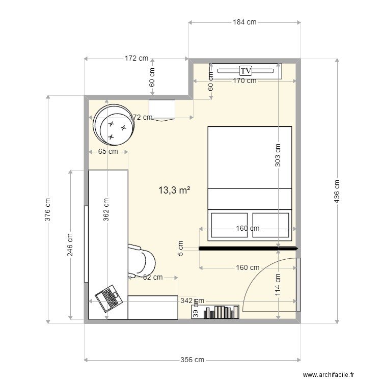 CHAMBRE TIAGO. Plan de 1 pièce et 13 m2