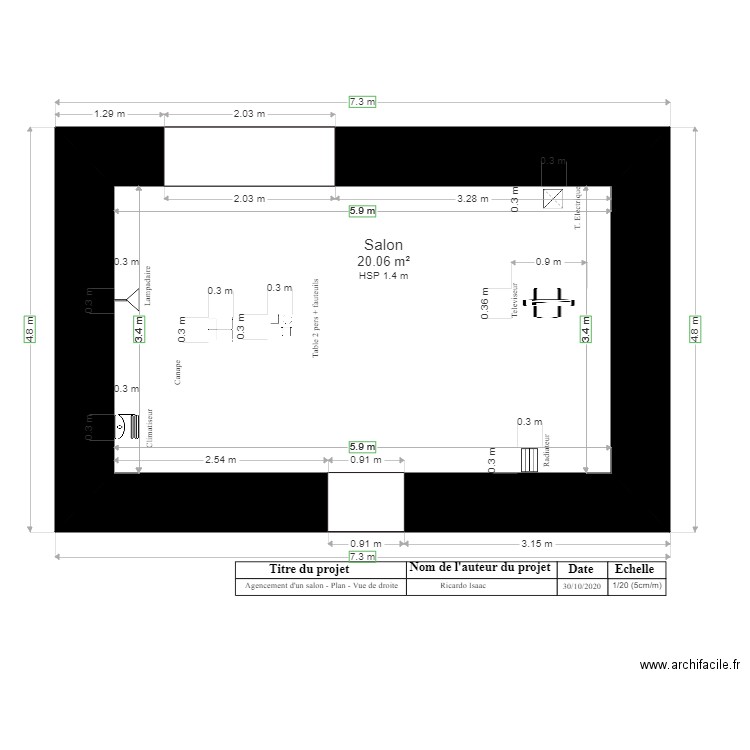 Agencement salon plan vue en de droite final. Plan de 0 pièce et 0 m2