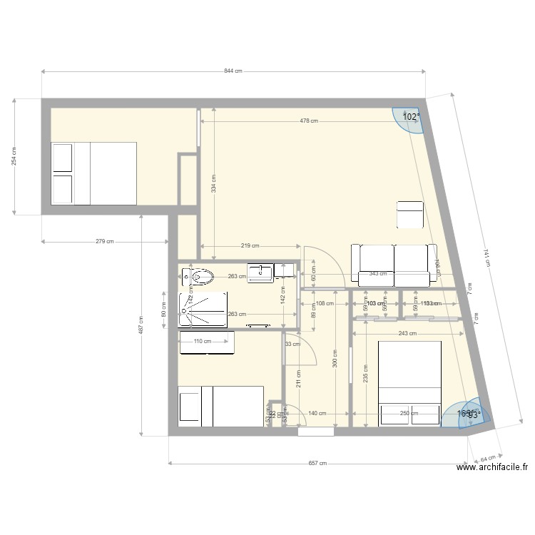 plan valmeinier meublé version 2. Plan de 9 pièces et 46 m2