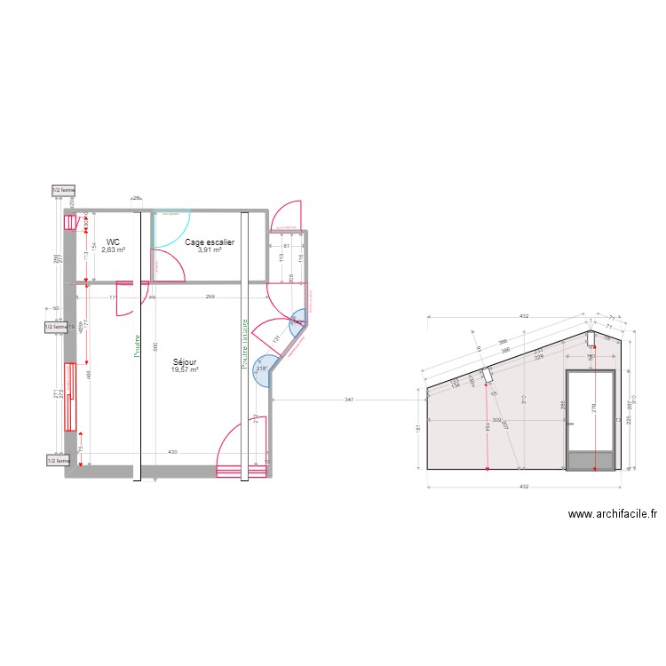 Séjour loc sans meuble. Plan de 3 pièces et 26 m2