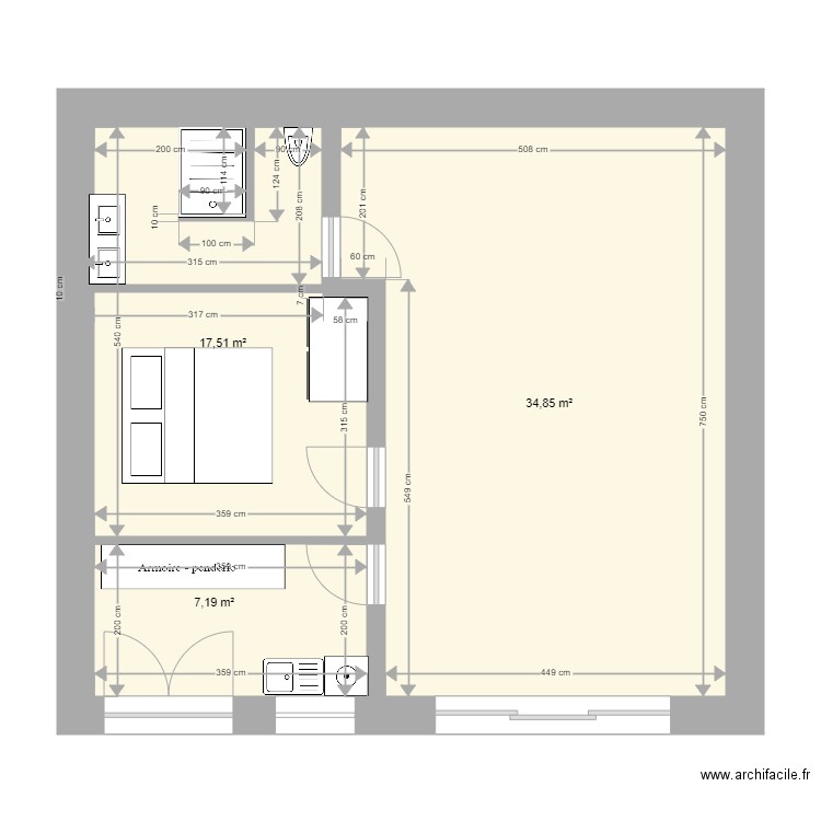 Grange 2. Plan de 3 pièces et 60 m2