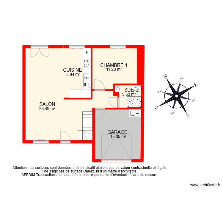 BI 9053 RDC. Plan de 7 pièces et 73 m2