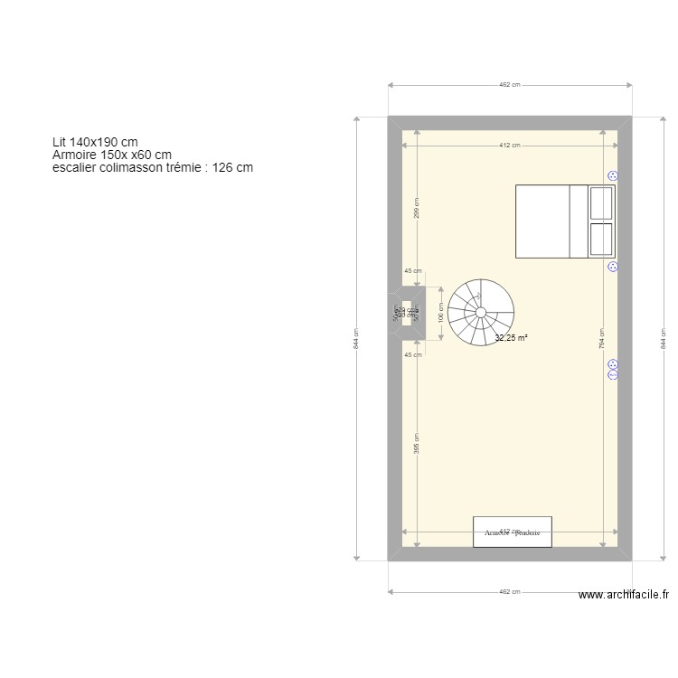 Plan Combles appart 2 avec prises. Plan de 2 pièces et 32 m2